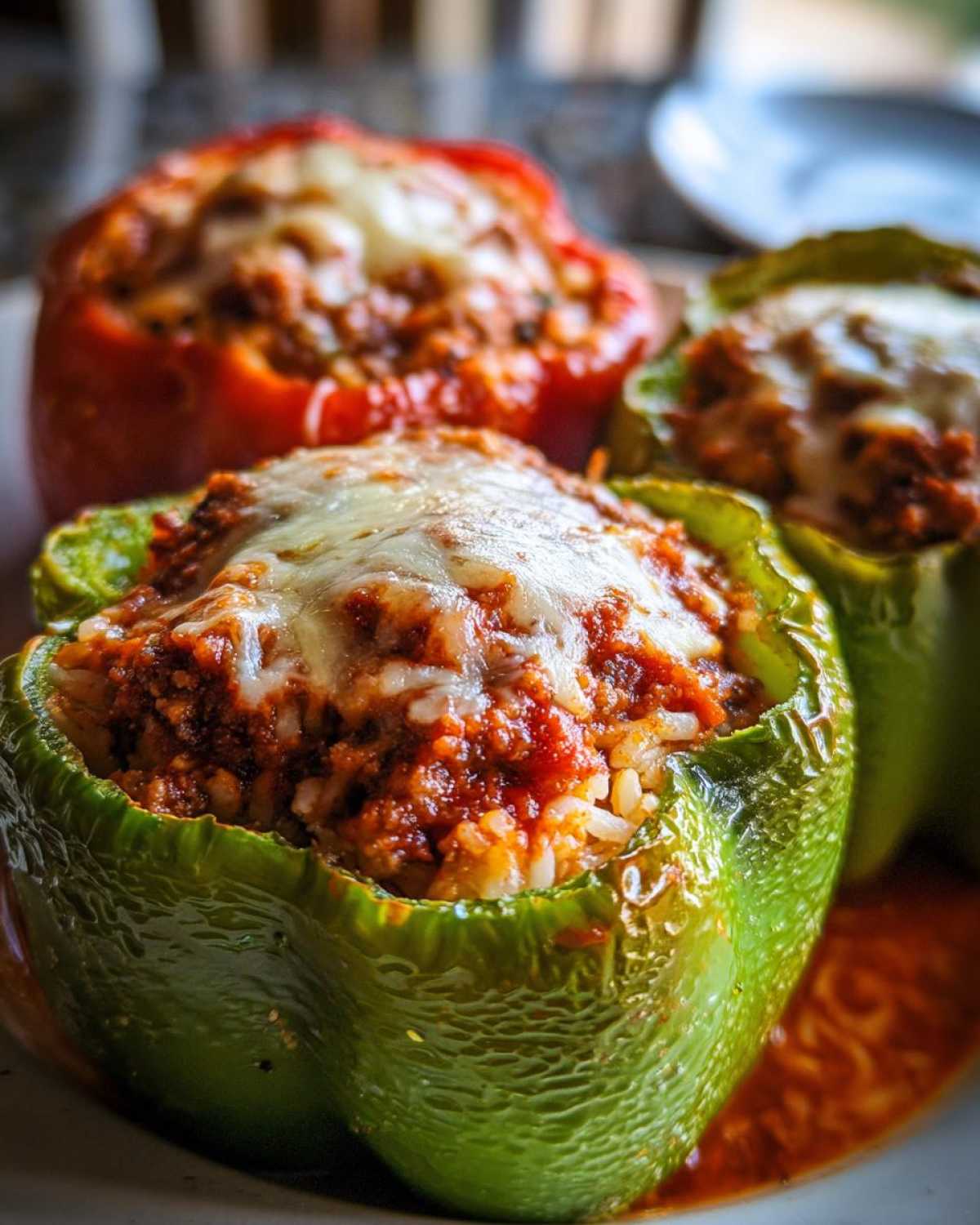 Close-up of a vibrant green Classic Stuffed Peppers Recipe filled with meat, rice, and topped with melted white cheese.