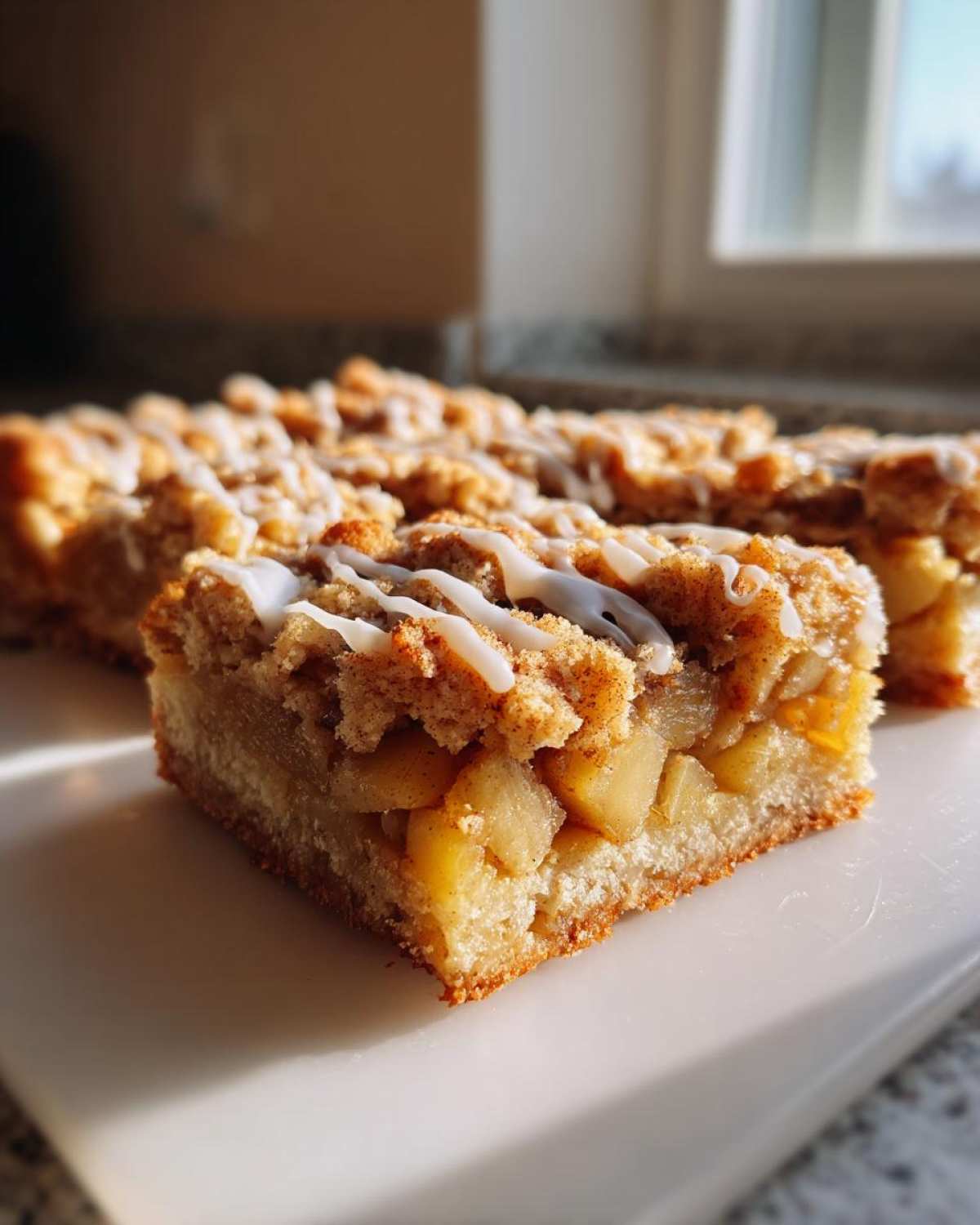 A close-up, sunlit photo of a square of apple pie bars showing chunky apple filling and crumb topping drizzled with white icing.