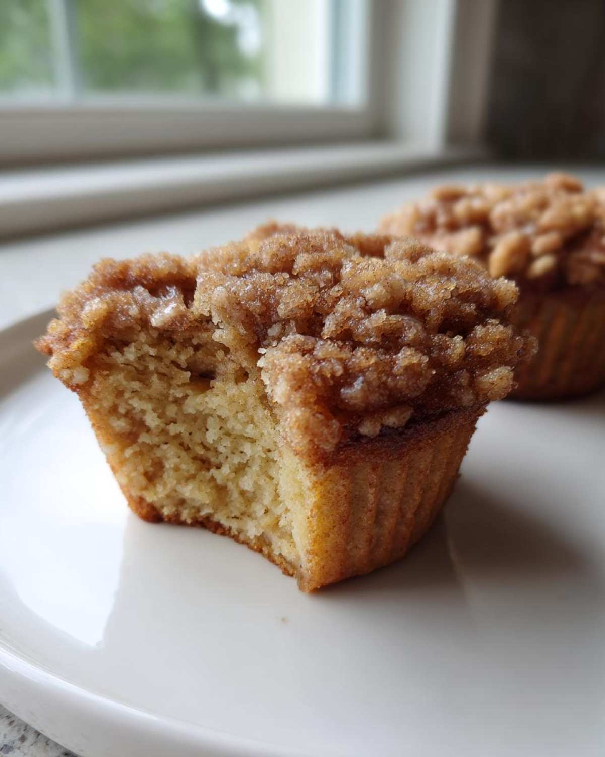 A close-up of a Coffee Cake Muffins cut in half showing the moist interior and thick cinnamon streusel topping.