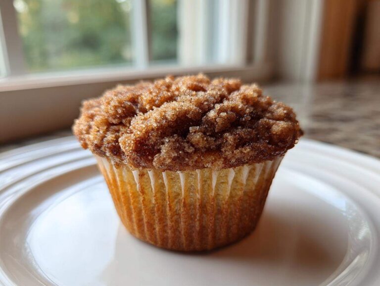 A single, perfectly baked Coffee Cake Muffins featuring a thick, sugary cinnamon crumb topping, resting on a white plate.