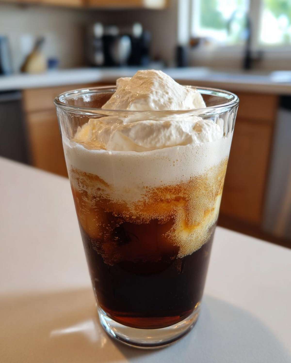 A glass of iced coffee topped with thick, airy Copycat Starbucks Vanilla Sweet Cream Cold Foam.