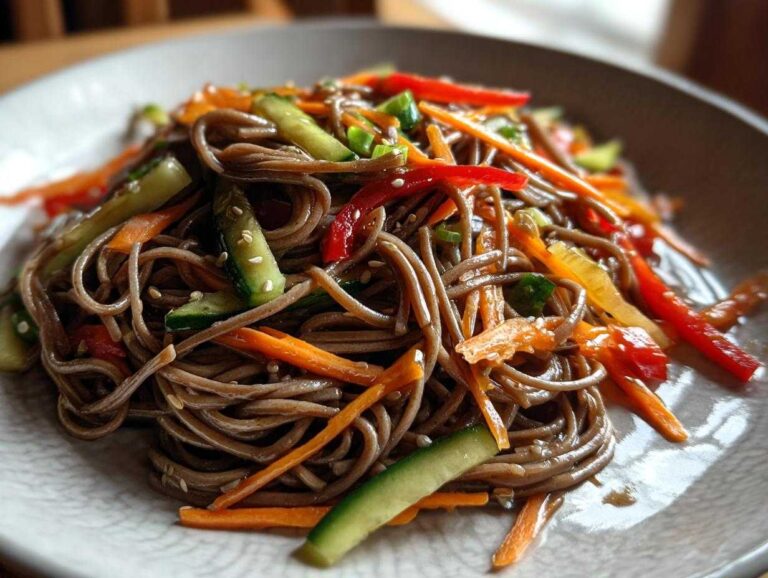 Close-up of a serving of Cold Soba Noodle Salad with ginger soy dressing, mixed with julienned carrots, cucumbers, and red peppers.