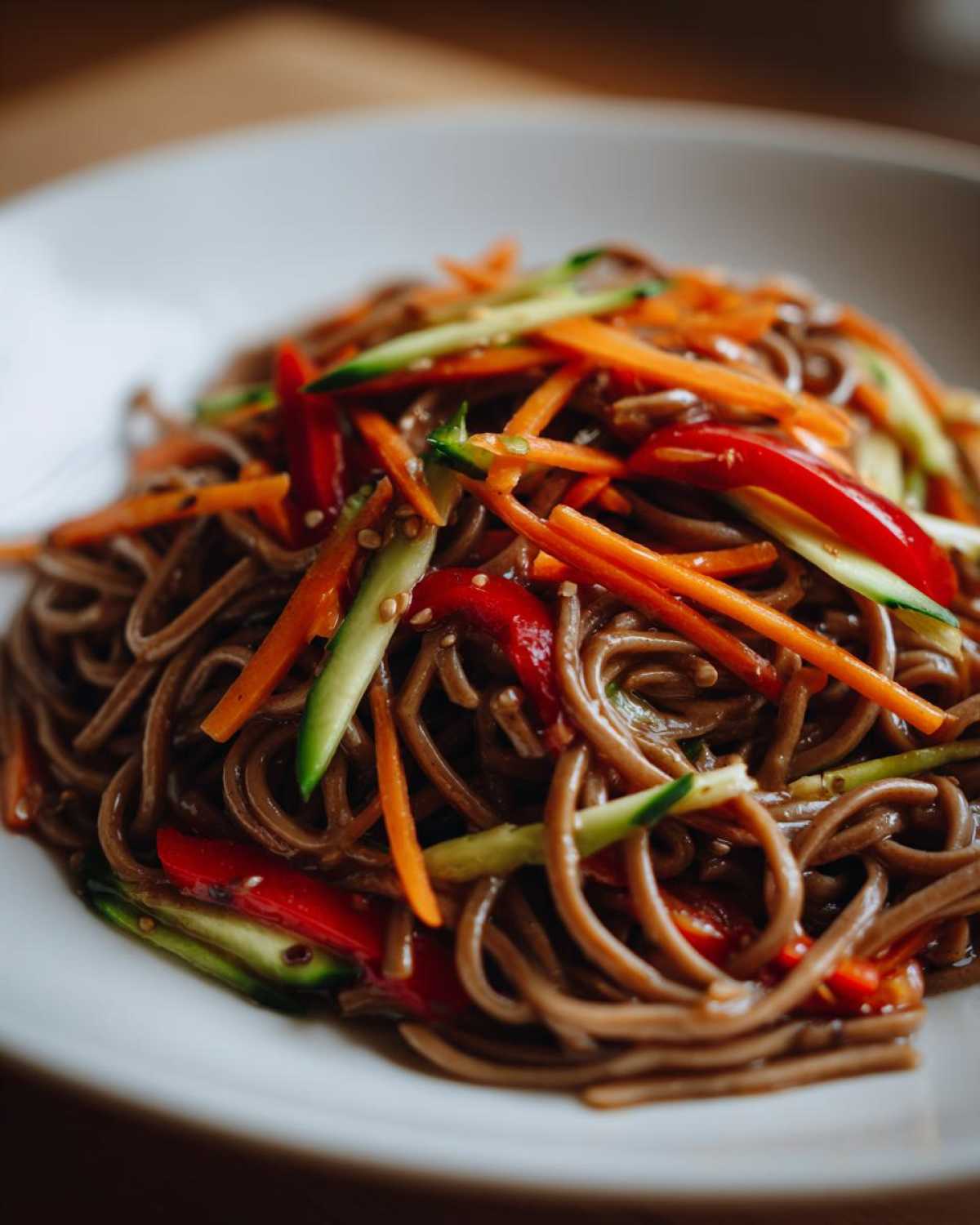 A close-up of a serving of Cold Soba Noodle Salad with Ginger Soy, topped with julienned carrots, cucumber, and red pepper.
