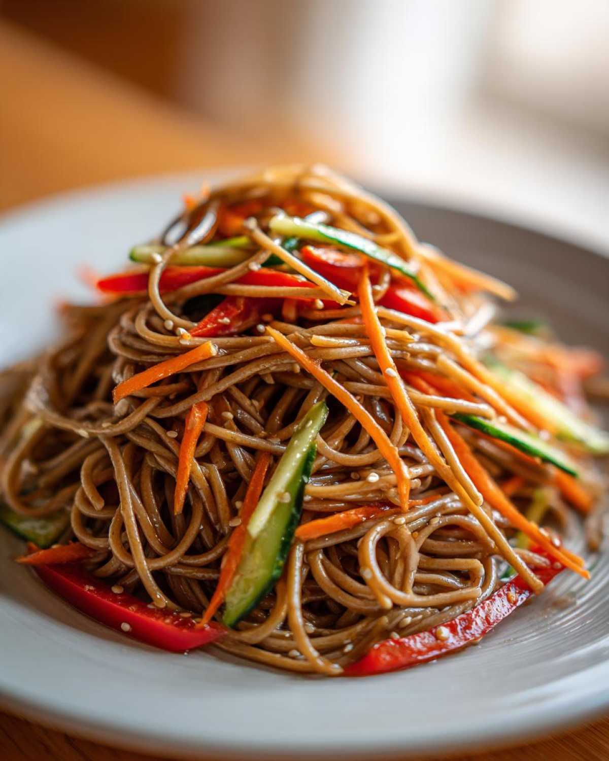 A close-up of a mound of Cold Soba Noodle Salad with Ginger Soy, topped with julienned carrots, cucumber, and red pepper.