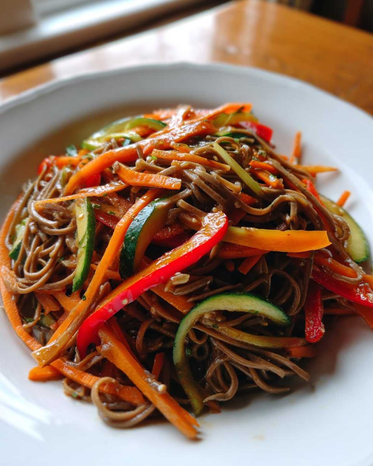 Close-up of a serving of Cold Soba Noodle Salad with julienned carrots, zucchini, and red peppers.