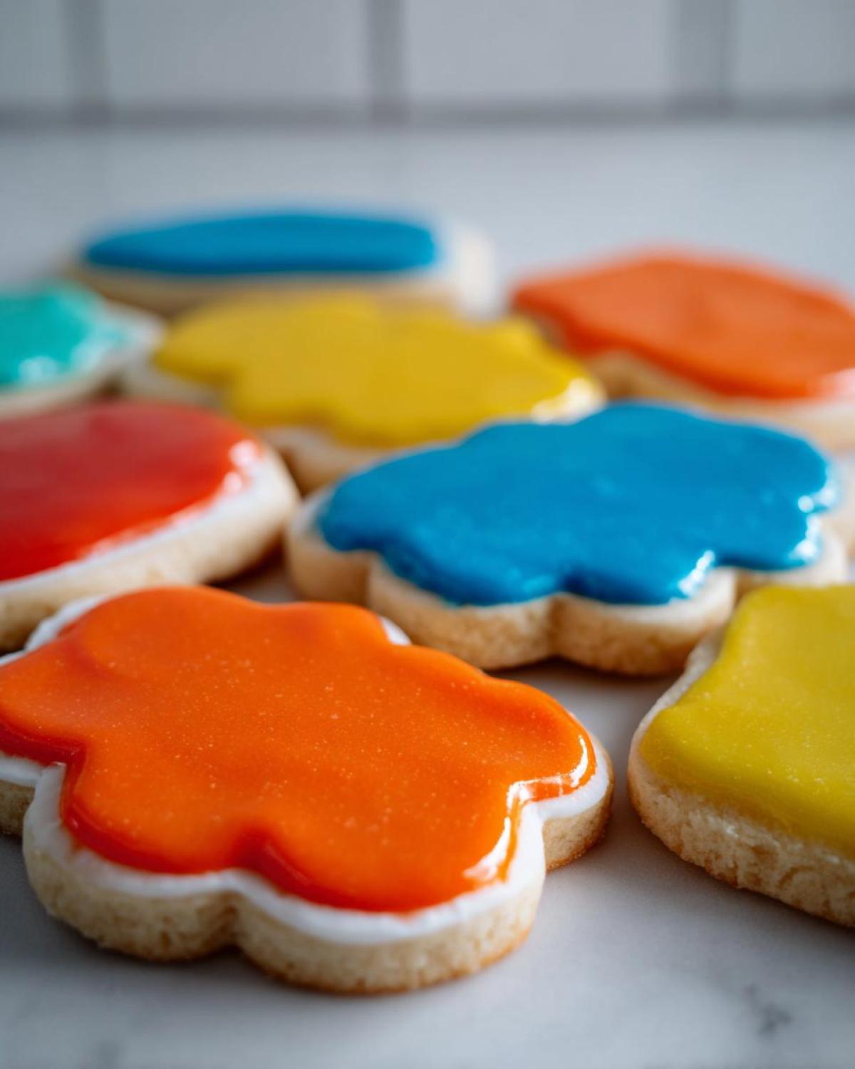Close-up of cloud-shaped sugar cookies decorated with bright, glossy sugar cookie icing in orange, blue, and yellow.