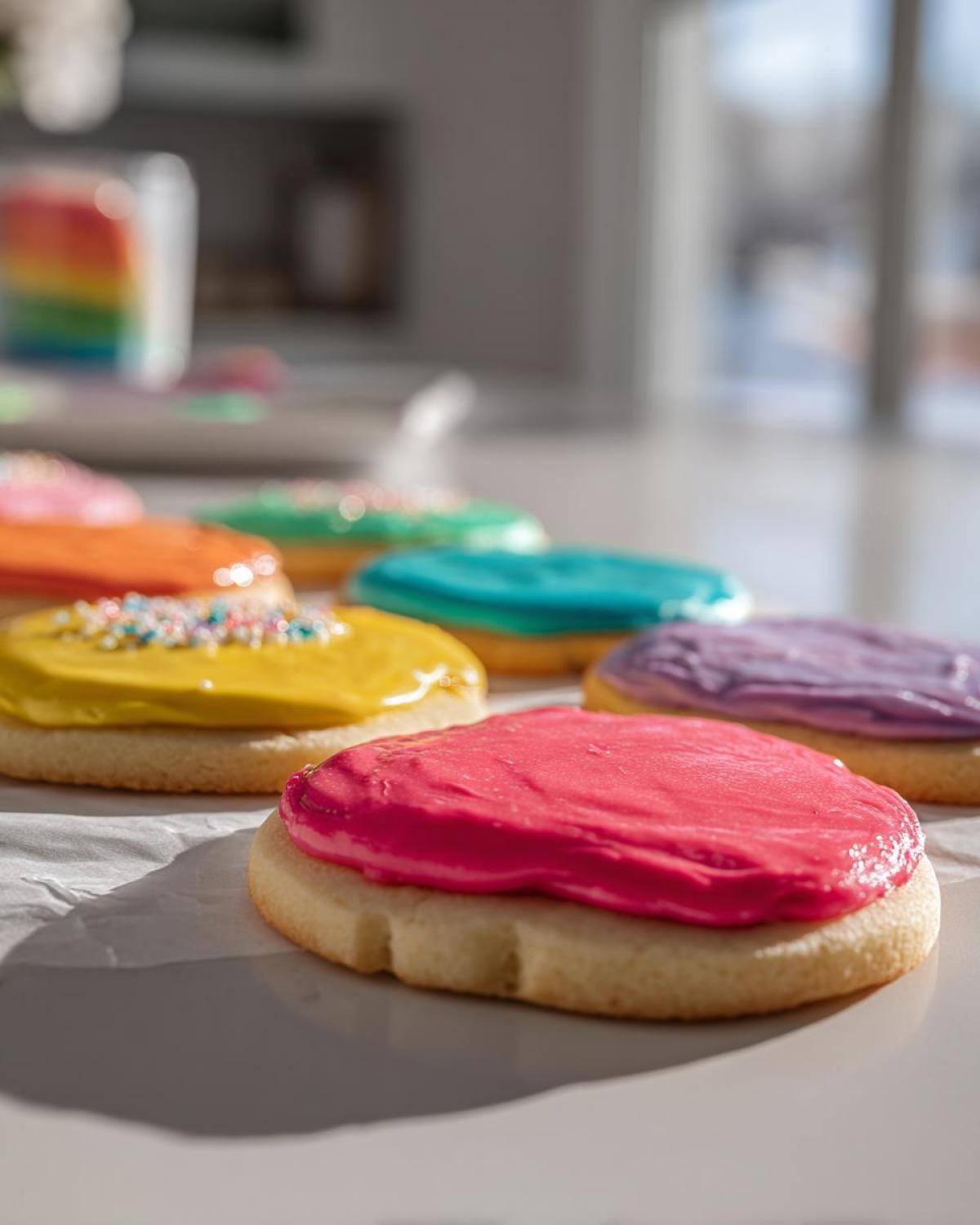 Close-up of sugar cookies decorated with vibrant, thick sugar cookie icing in pink, yellow, and purple.
