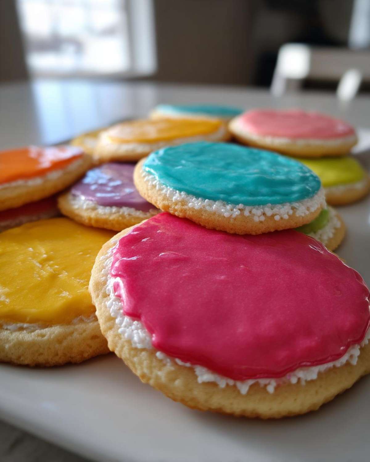 Close-up of round sugar cookies topped with vibrant, glossy sugar cookie icing in pink, blue, yellow, and purple.