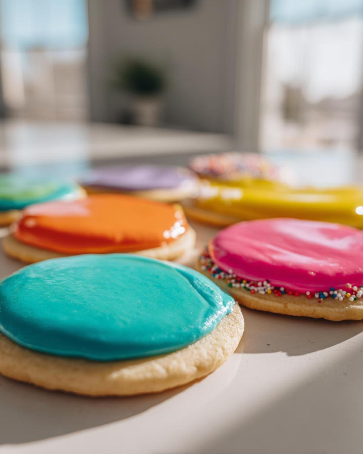 Close-up of sugar cookies topped with vibrant, glossy sugar cookie icing in shades of blue, orange, and pink.