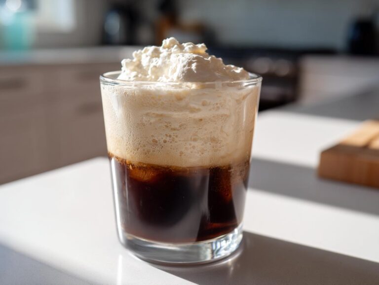 A glass of iced coffee topped with thick, frothy Copycat Starbucks Vanilla Sweet Cream Cold Foam.