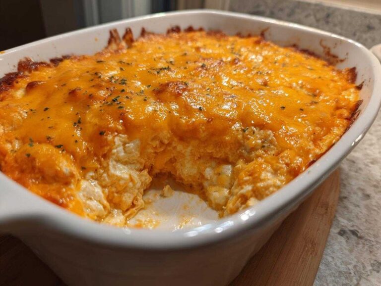 Close-up of baked cottage cheese buffalo chicken dip in a white casserole dish with a scoop removed.