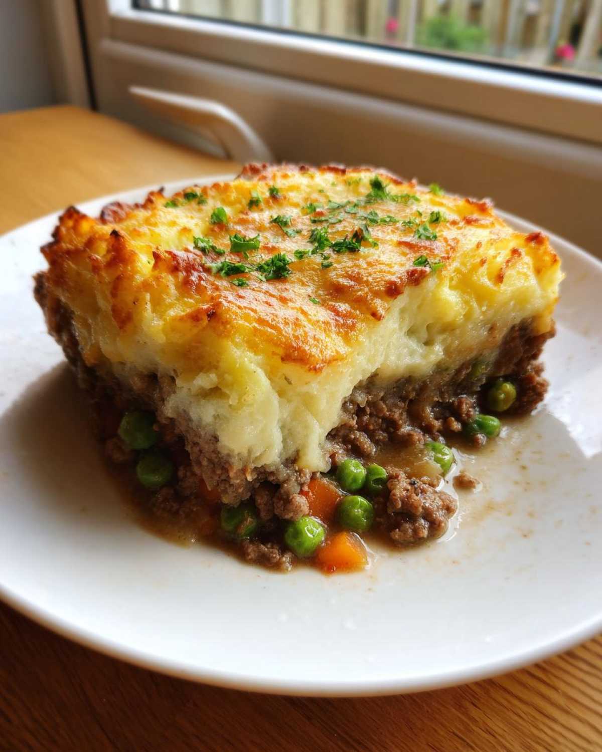 A generous serving of homemade cottage pie showing layers of browned mince, peas, carrots, and a golden, crispy mashed potato topping.