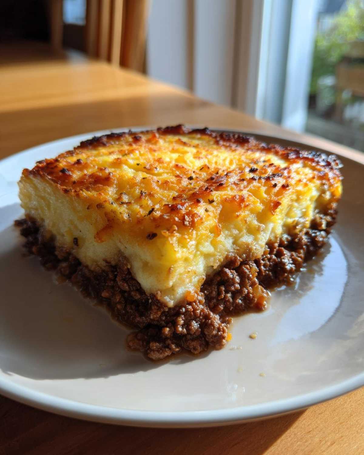 A square slice of homemade cottage pie featuring a rich meat base and a thick, golden-brown, crispy mashed potato topping.