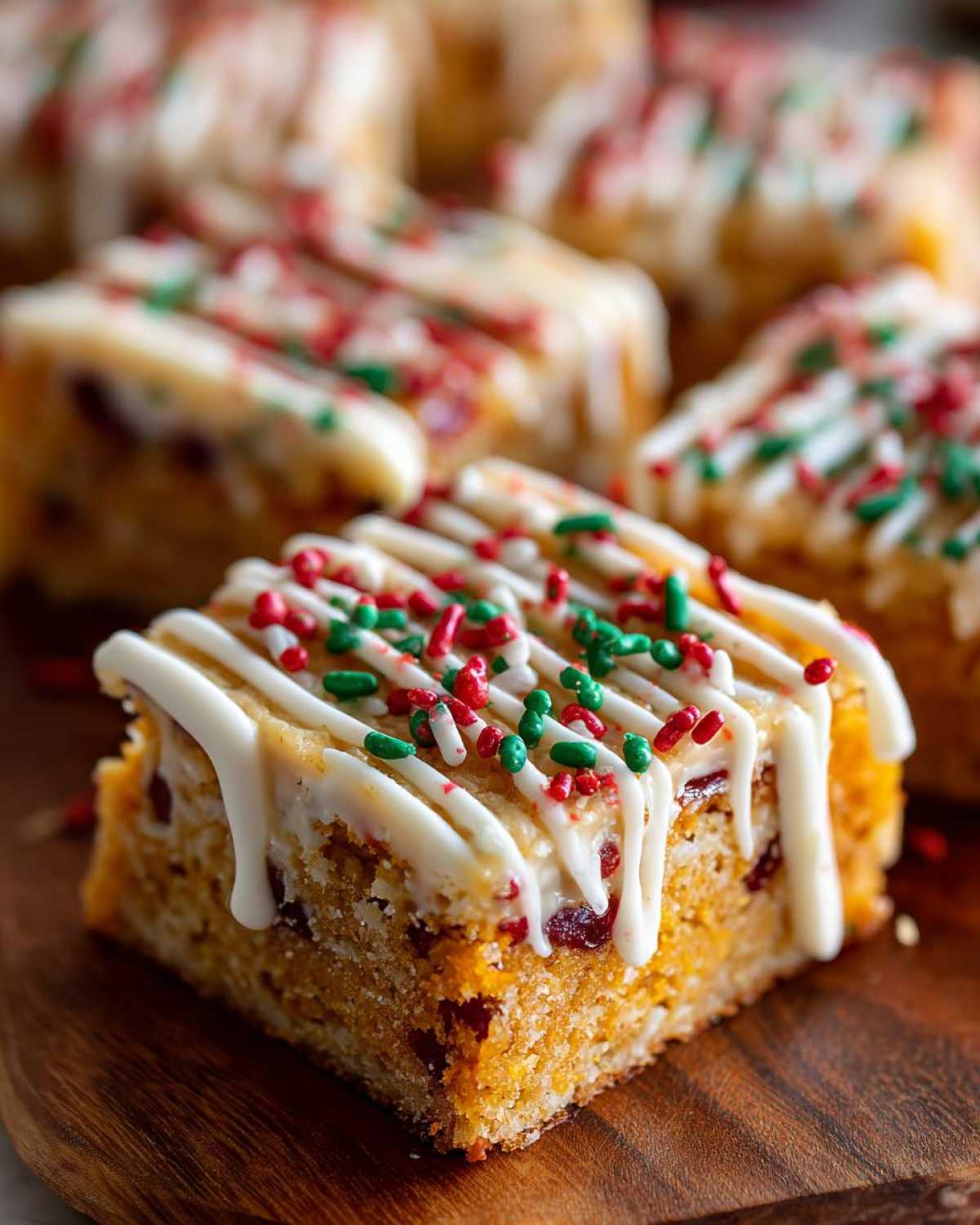 A close-up of a square cranberry bliss bars piece topped with white icing drizzle and red and green sprinkles.