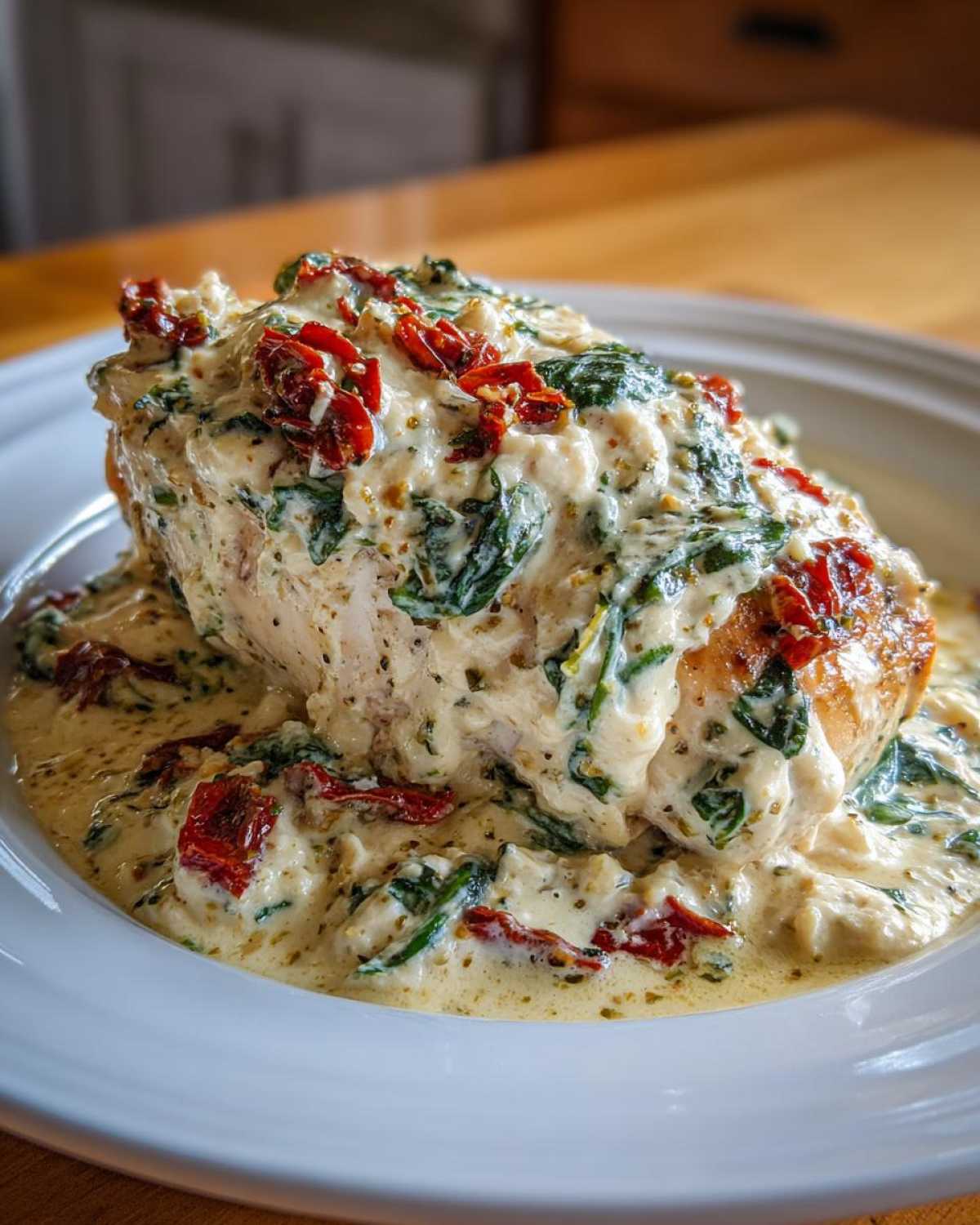 Close-up of a juicy chicken breast smothered in creamy sauce with spinach and sun-dried tomatoes from the Cream Cheese Chicken Bake.