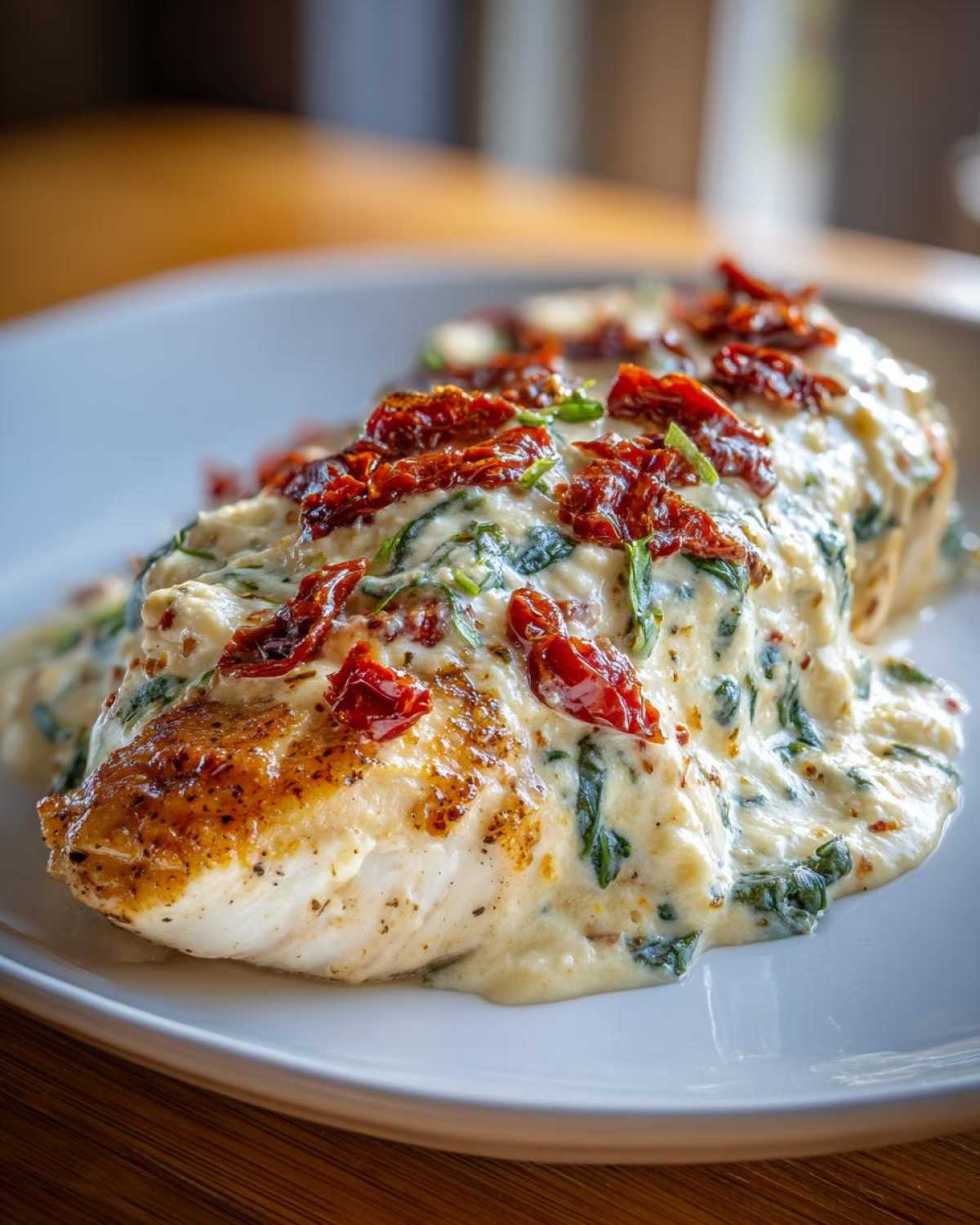 Close-up of a perfectly cooked Cream Cheese Chicken Bake smothered in creamy sauce with spinach and sun-dried tomatoes.