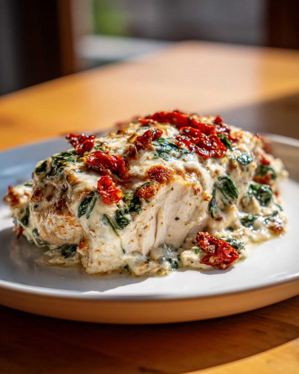 A juicy piece of Cream Cheese Chicken Bake topped with creamy sauce, spinach, and sun-dried tomatoes.