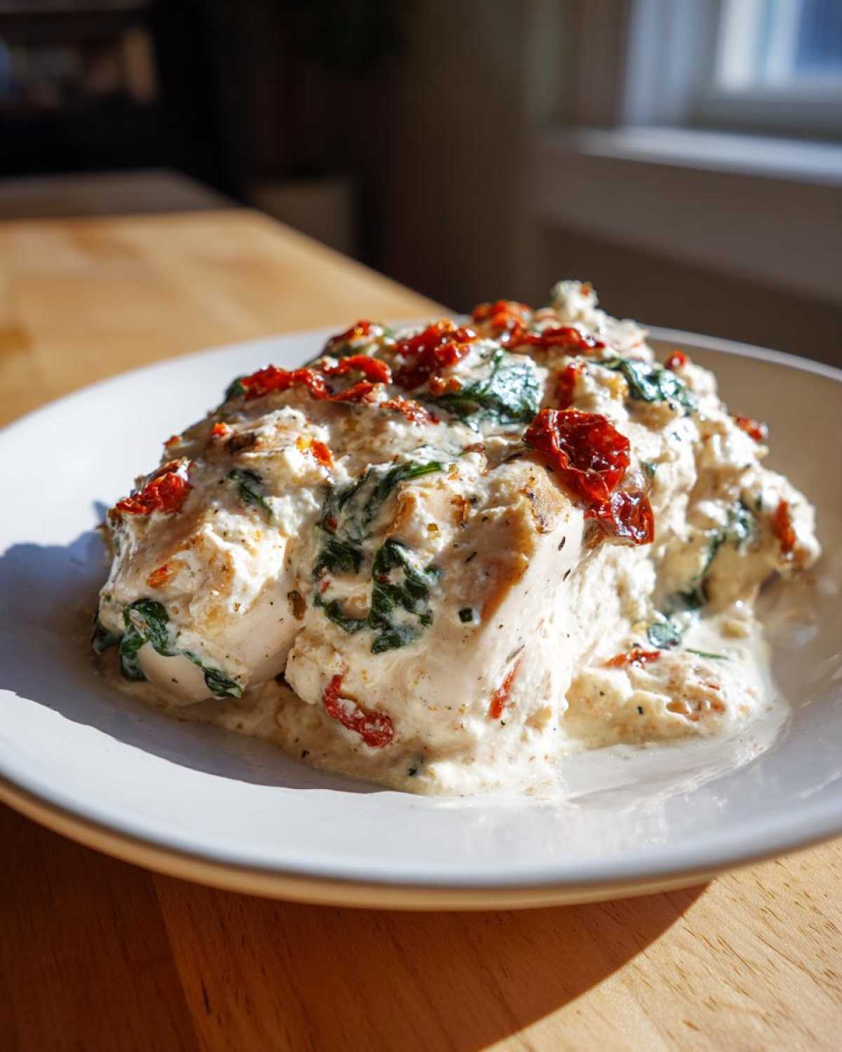 Close-up of a serving of Cream Cheese Chicken Bake topped with spinach and sun-dried tomatoes.