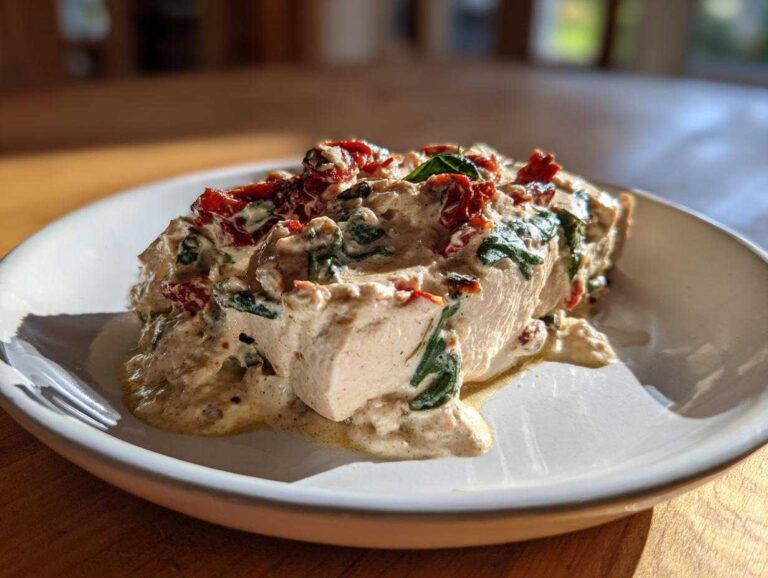 A single serving of Cream Cheese Chicken Bake topped with a creamy sauce, spinach, and sun-dried tomatoes on a white plate.