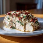 A cross-section slice of Cream Cheese Chicken Bake, topped with a creamy sauce, spinach, and sun-dried tomatoes.