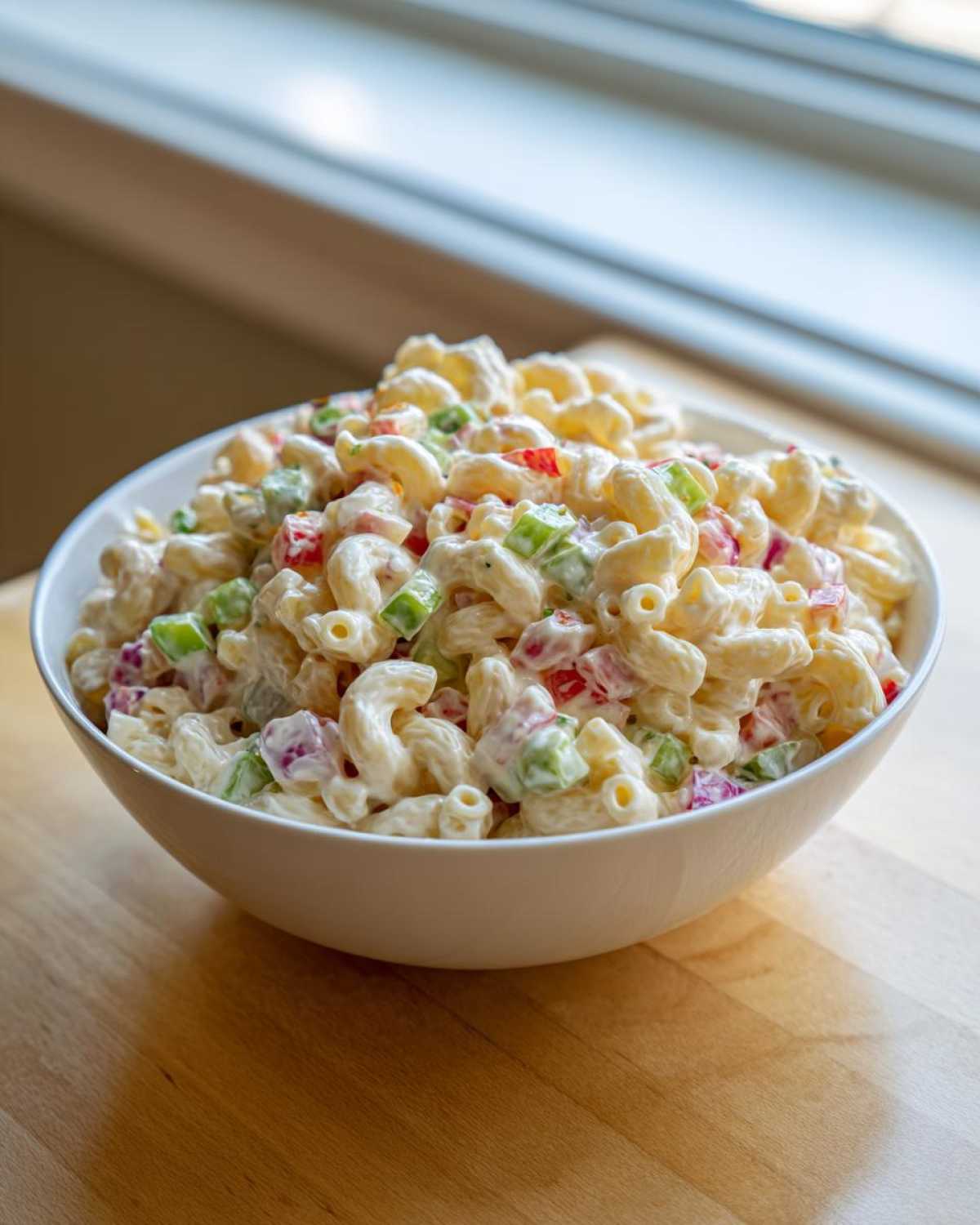 A close-up of a large white bowl filled with creamy Amish macaroni salad featuring elbow pasta and colorful diced vegetables.