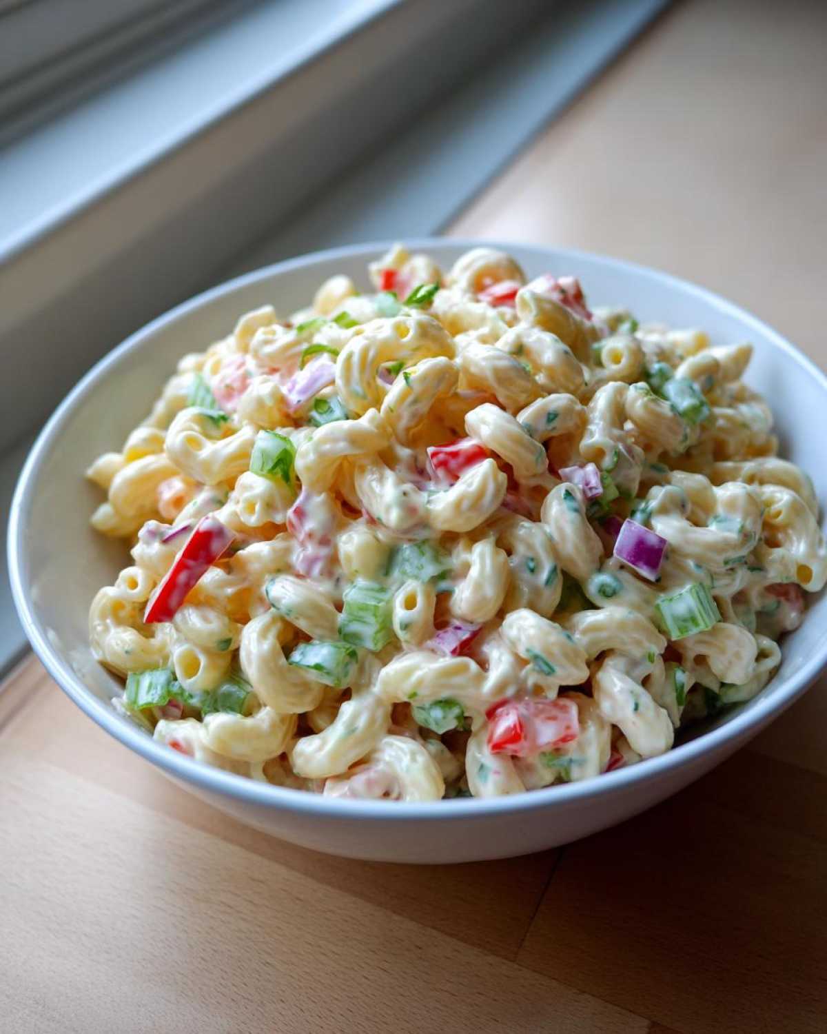 A close-up of creamy Amish macaroni salad featuring elbow macaroni, red peppers, celery, and red onion in a white bowl.