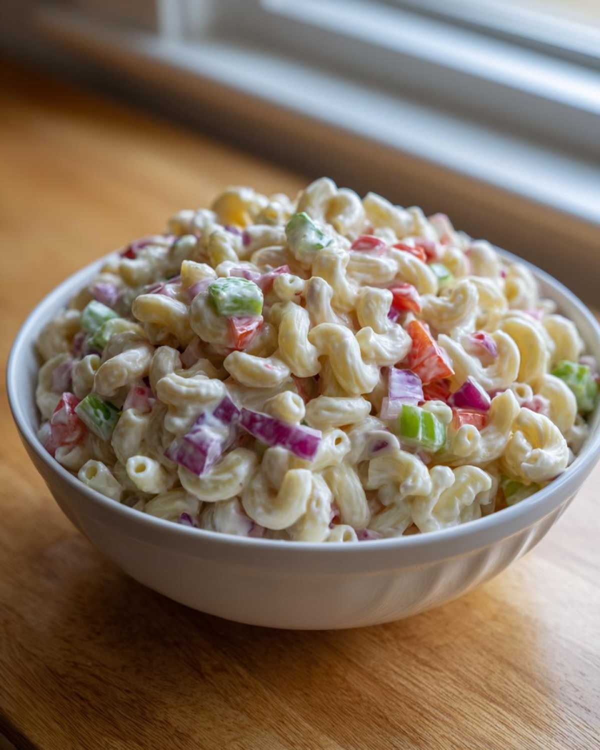 A close-up of creamy Amish macaroni salad mixed with red onion, celery, and peppers in a white bowl.