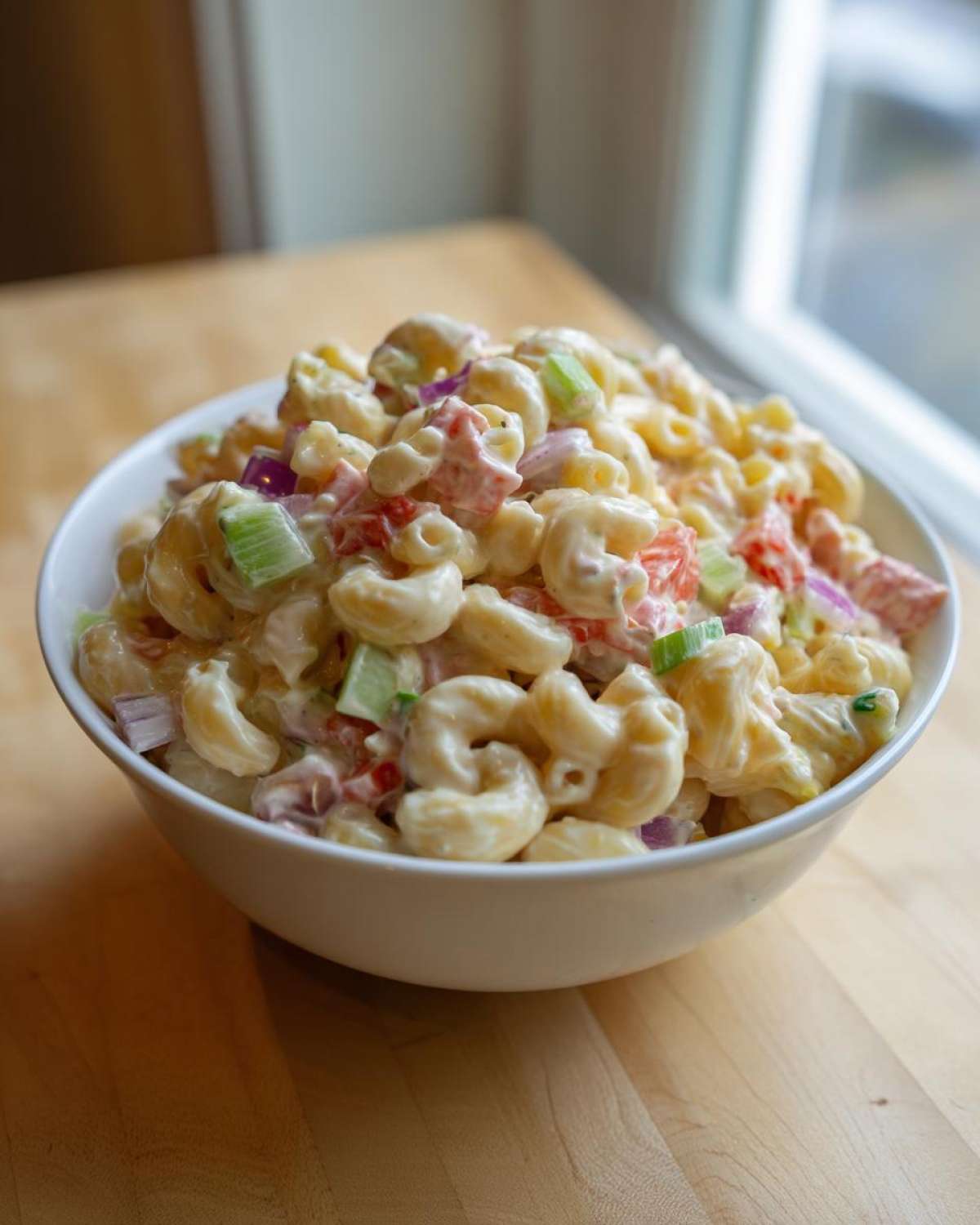 Close-up of creamy Amish macaroni salad with elbow pasta, red onion, and celery in a white bowl.
