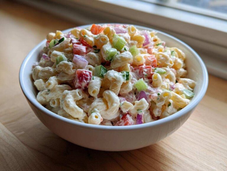 Amazing 1 Amish macaroni salad secret A close-up of a white bowl filled with creamy Amish macaroni salad featuring elbow pasta, red onion, celery, and peppers.