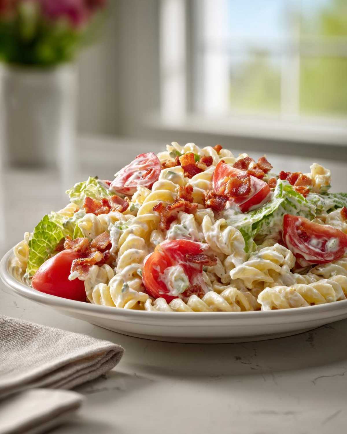 A close-up of a creamy BLT Pasta Salad featuring rotini pasta, bacon crumbles, lettuce, and fresh tomato wedges.