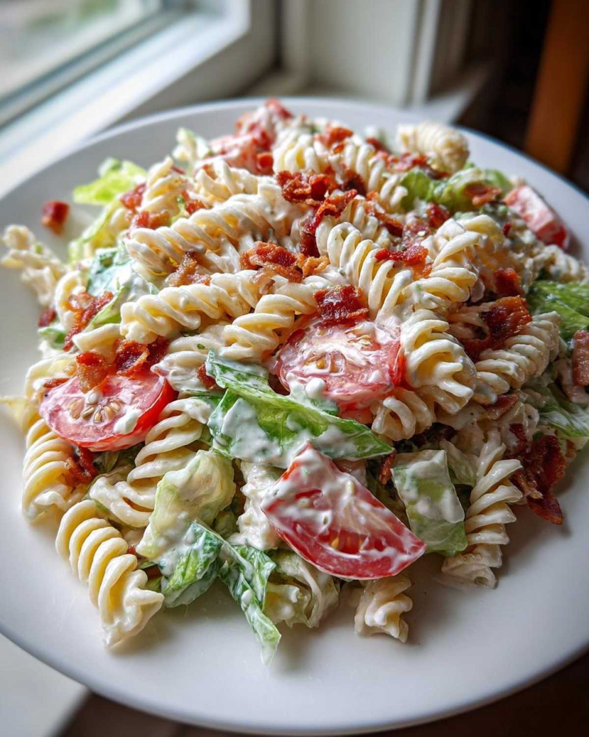 A close-up of a creamy BLT Pasta Salad featuring rotini pasta, lettuce, tomato wedges, and crumbled bacon.