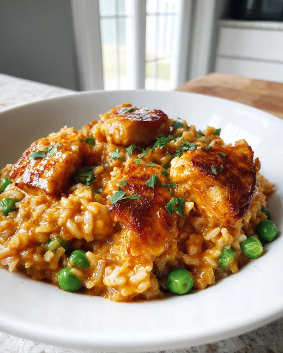 Close-up of creamy rice mixed with peas, topped with seared pieces of seasoned cajun chicken.