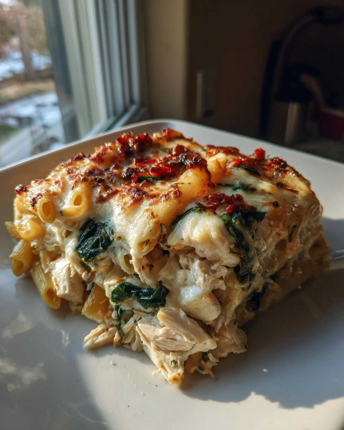 A square serving of creamy chicken pasta bake featuring shredded chicken, spinach, and a browned, cheesy top.