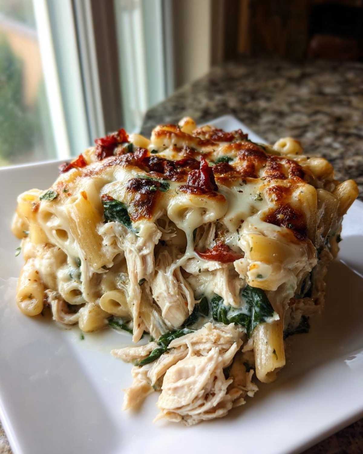 Close-up of a generous serving of creamy chicken pasta bake, featuring melted cheese, shredded chicken, and spinach.