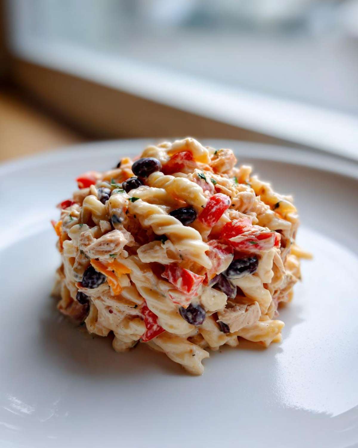 A mound of creamy Chicken Taco Pasta Salad featuring rotini pasta, black beans, and red peppers on a white plate.