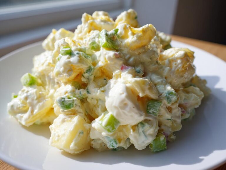 A mound of creamy Classic Potato Salad featuring chunks of potato and green celery, served on a white plate.