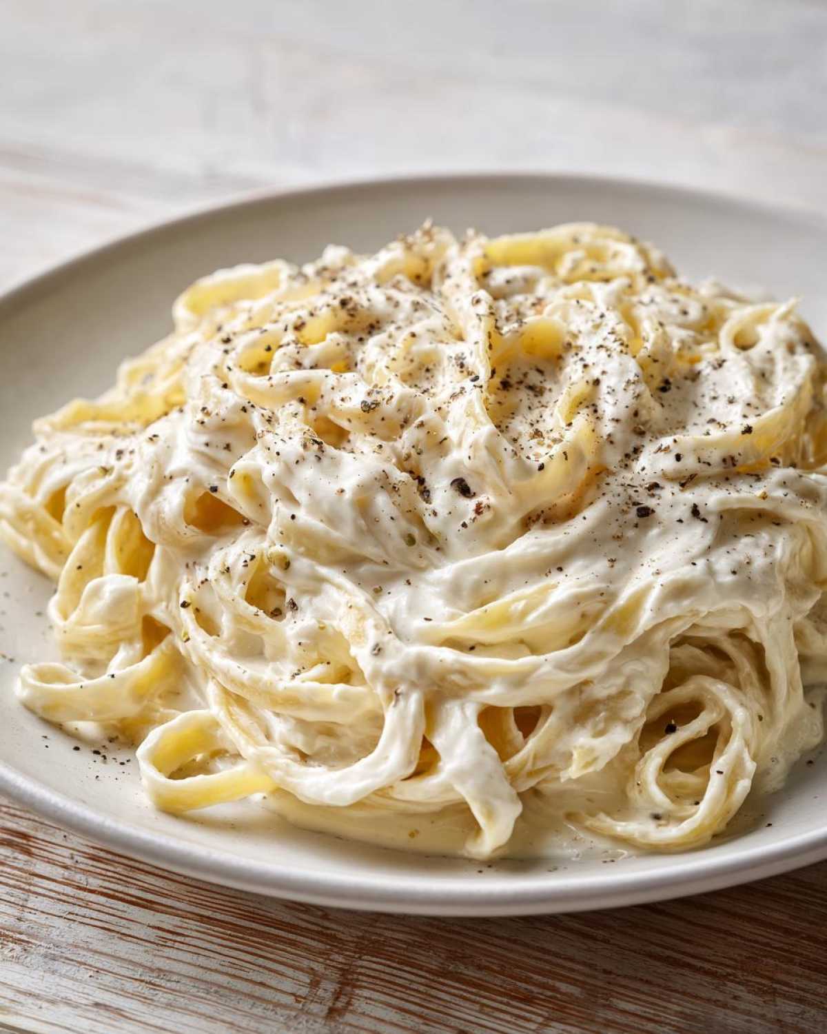 Close-up of fettuccine pasta coated in creamy cottage cheese alfredo sauce and topped with cracked black pepper.