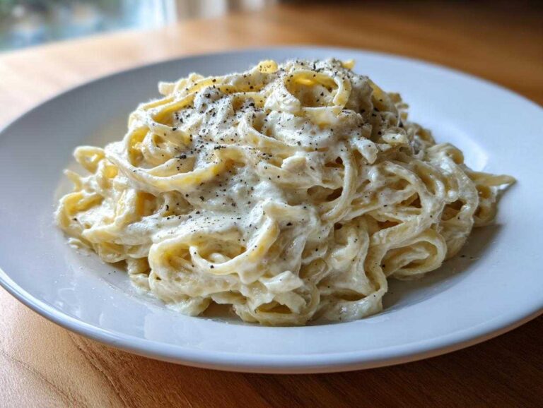 Amazing 15-Minute Cottage Cheese Alfredo A close-up of creamy fettuccine tossed in rich cottage cheese alfredo sauce and topped with cracked black pepper.