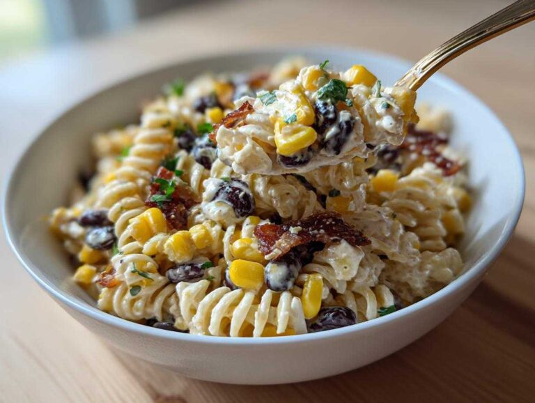 A spoonful of creamy Cowboy Pasta Salad featuring rotini pasta, corn, black beans, and bacon being lifted from a white bowl.