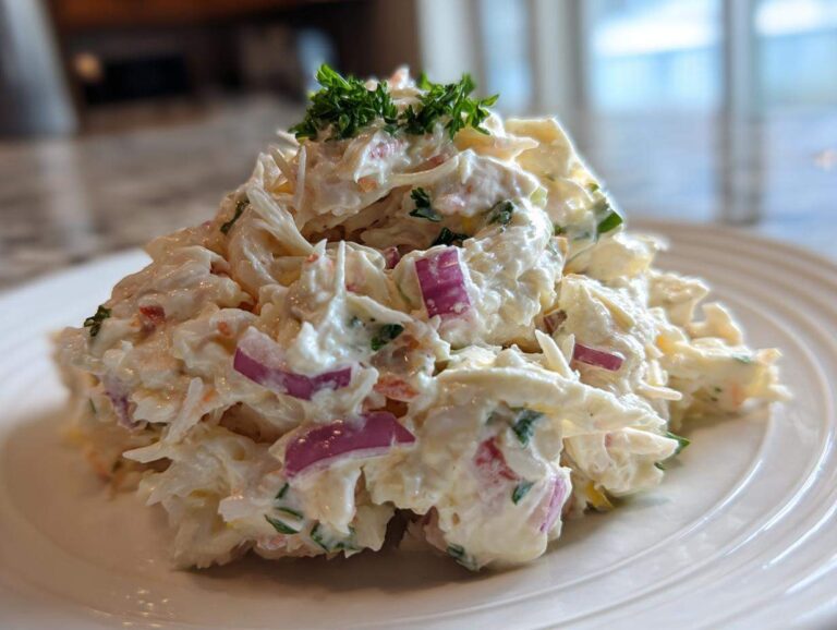 Amazing 15-Minute Creamy Crab Salad A generous mound of creamy crab salad featuring shredded crab, red onion pieces, and topped with fresh parsley.