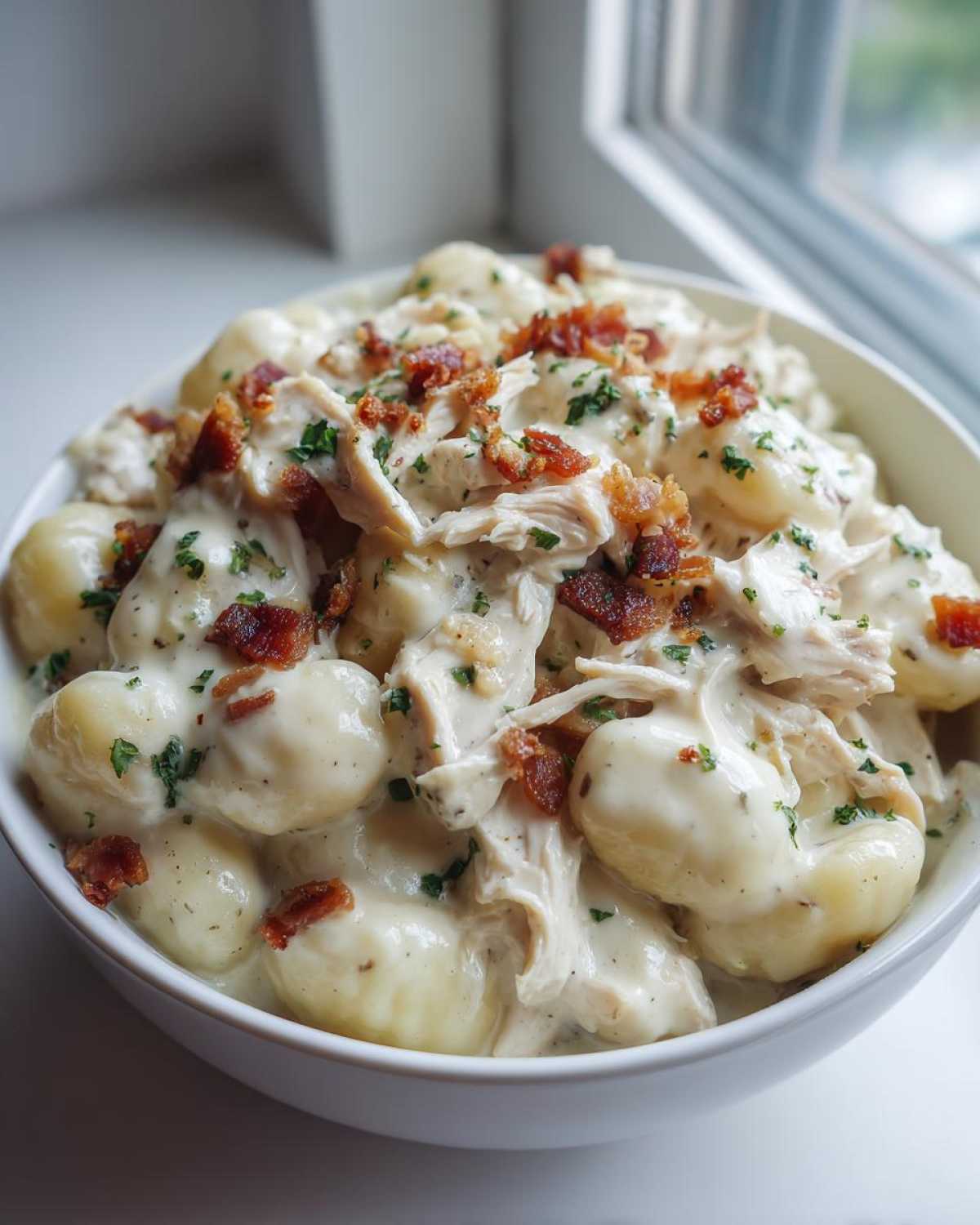 A close-up of a white bowl filled with Creamy Crack Chicken Gnocchi, topped with shredded chicken, bacon bits, and parsley.
