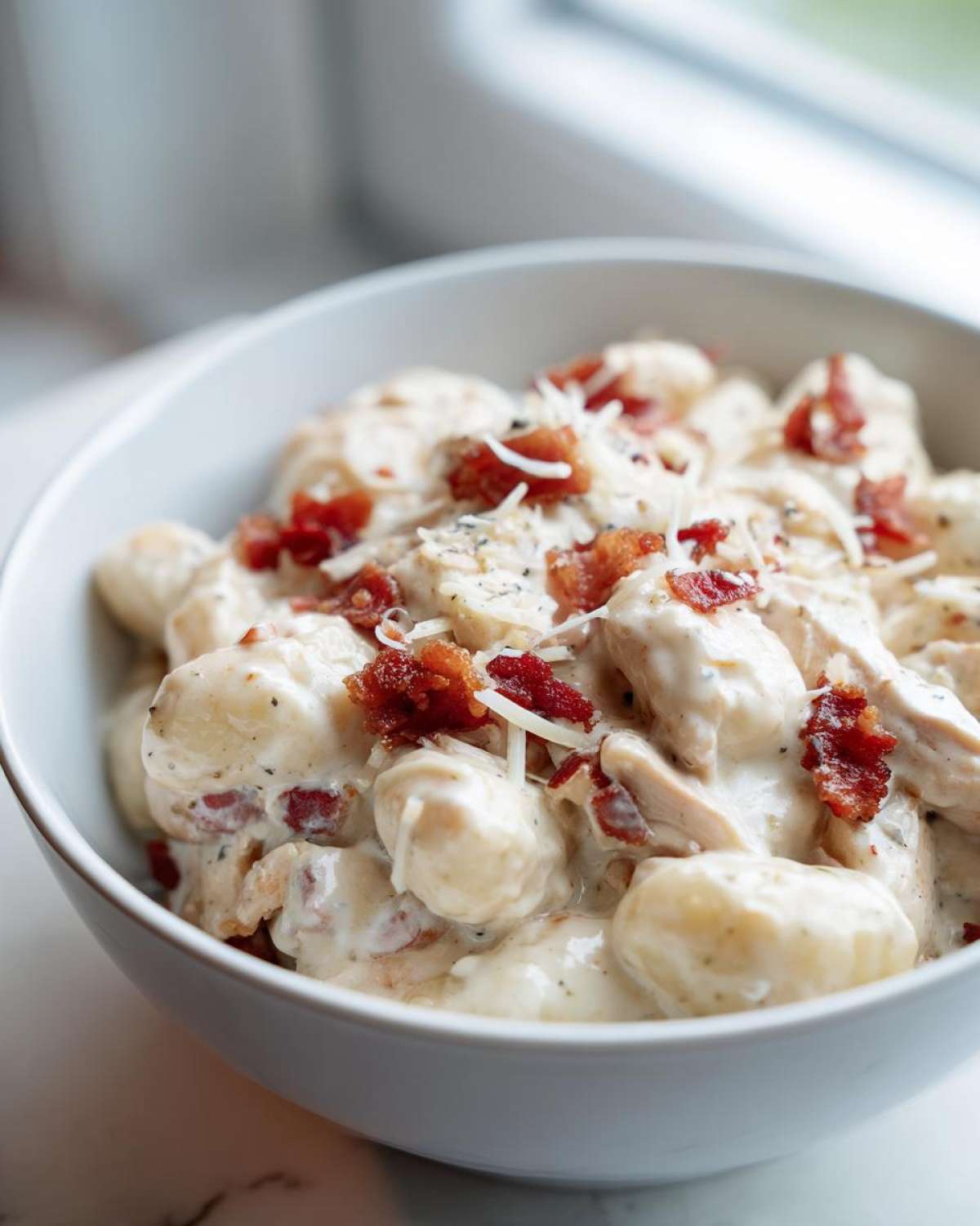 Close-up of a white bowl filled with Creamy Crack Chicken Gnocchi topped with bacon bits and shredded cheese.