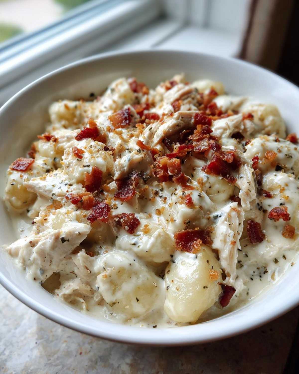 Close-up of a white bowl filled with Creamy Crack Chicken Gnocchi topped with shredded chicken and crispy bacon bits.
