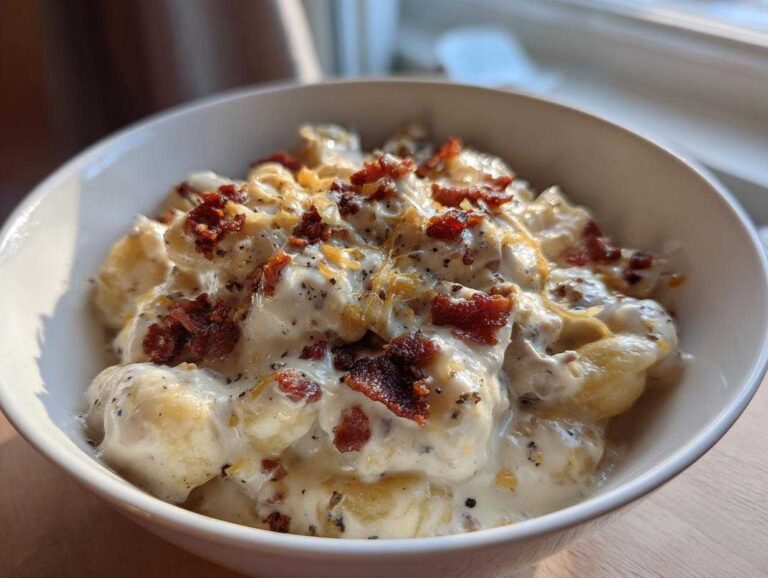 A close-up of a white bowl filled with Creamy Crack Chicken Gnocchi, topped generously with bacon bits and pepper.