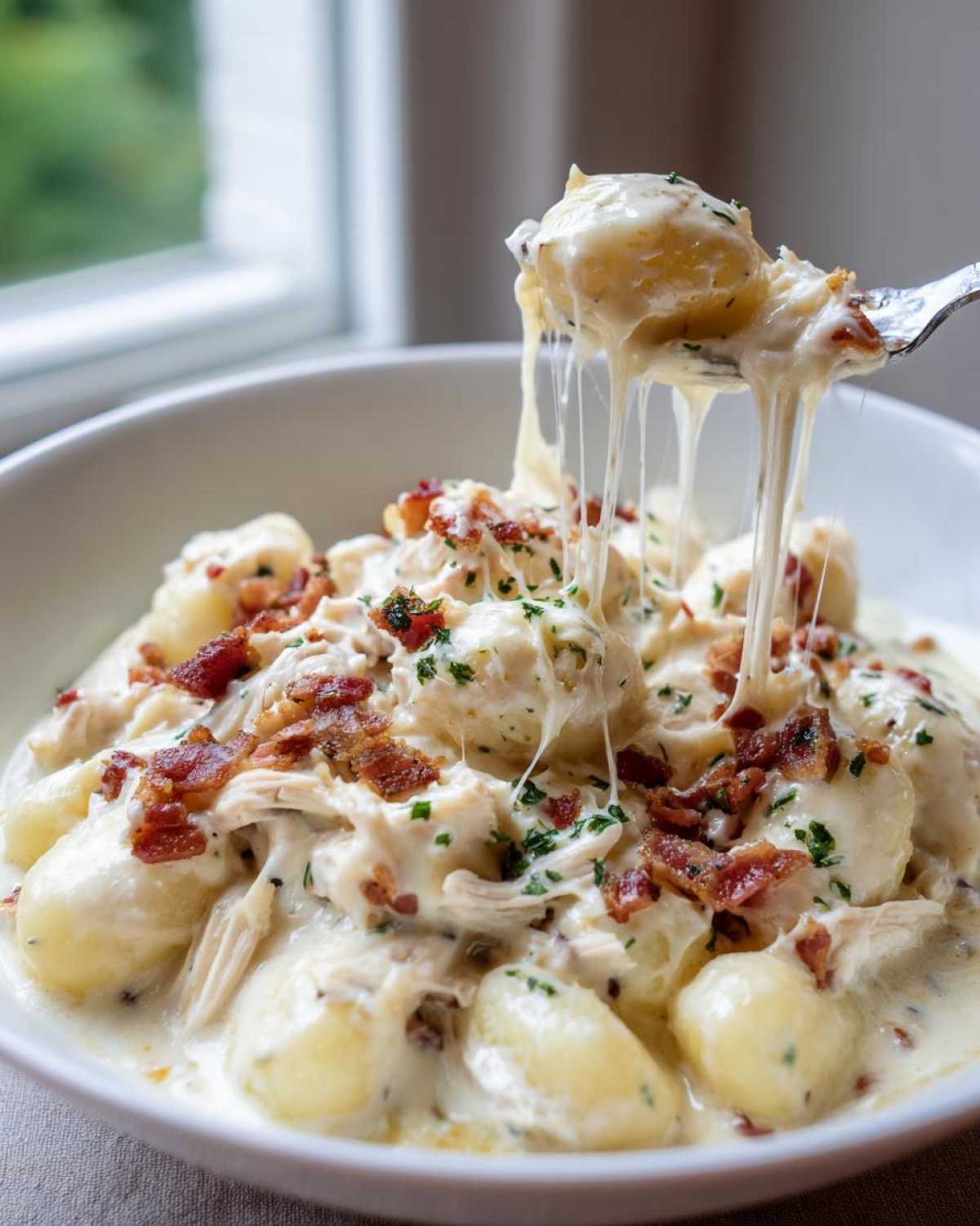 A fork lifts a cheesy, saucy gnocchi from a bowl of Creamy Crack Chicken Gnocchi, showing a dramatic cheese pull.