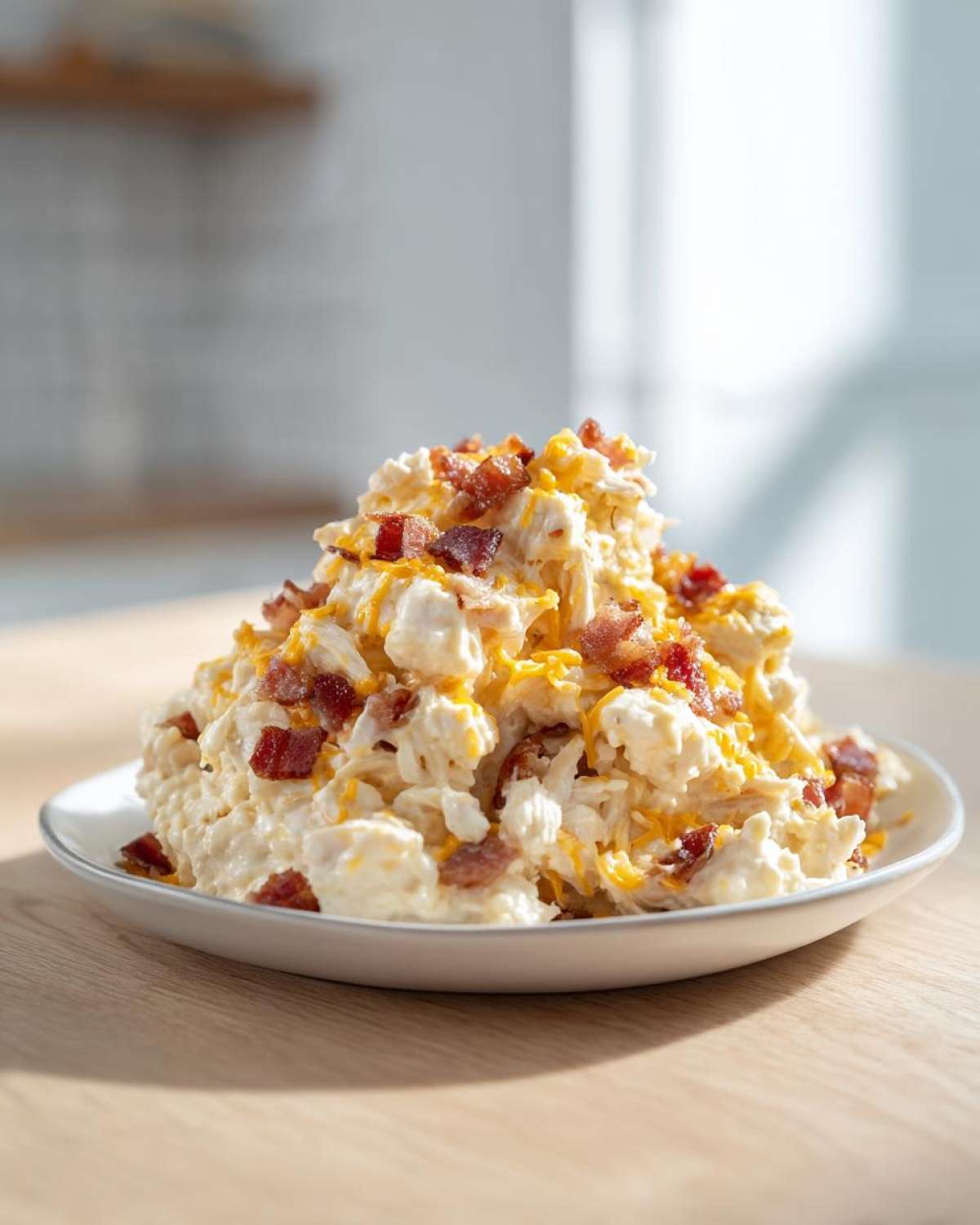A mound of creamy Crockpot Crack Chicken (Bacon Cheddar Ranch) topped with shredded cheddar cheese and crispy bacon bits.