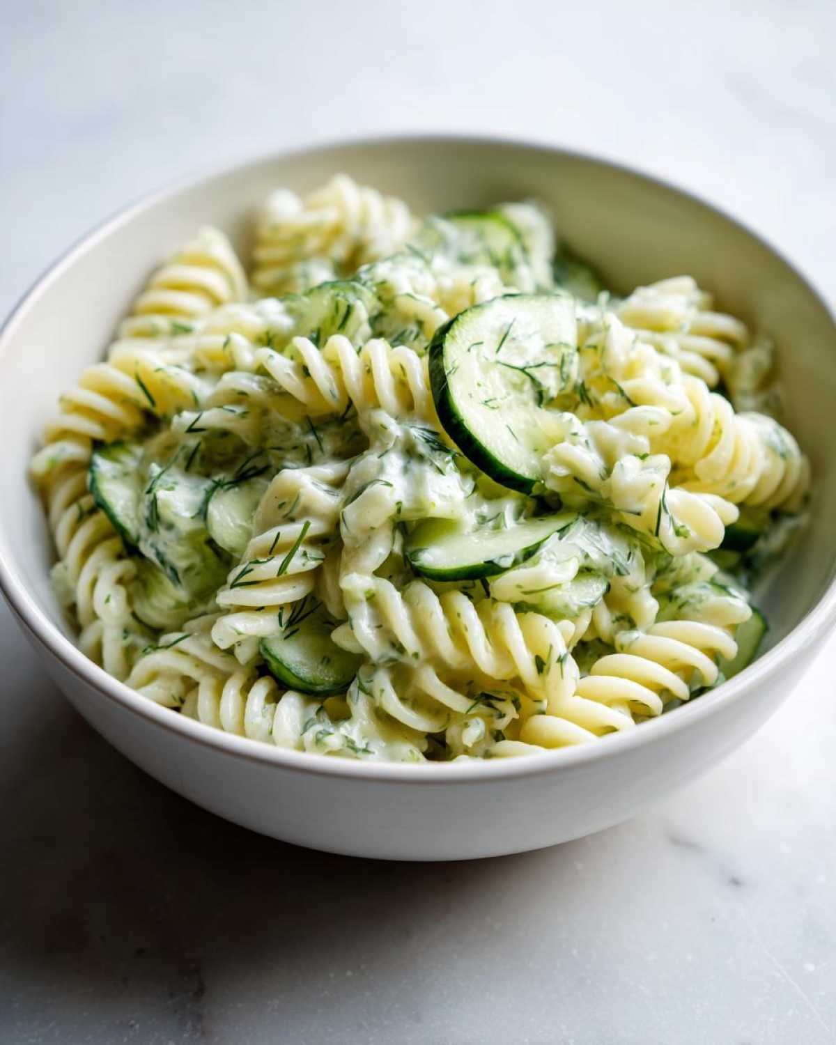 Close-up of creamy Dill Pickle Pasta Salad featuring fusilli pasta, sliced cucumbers, and fresh dill in a white bowl.