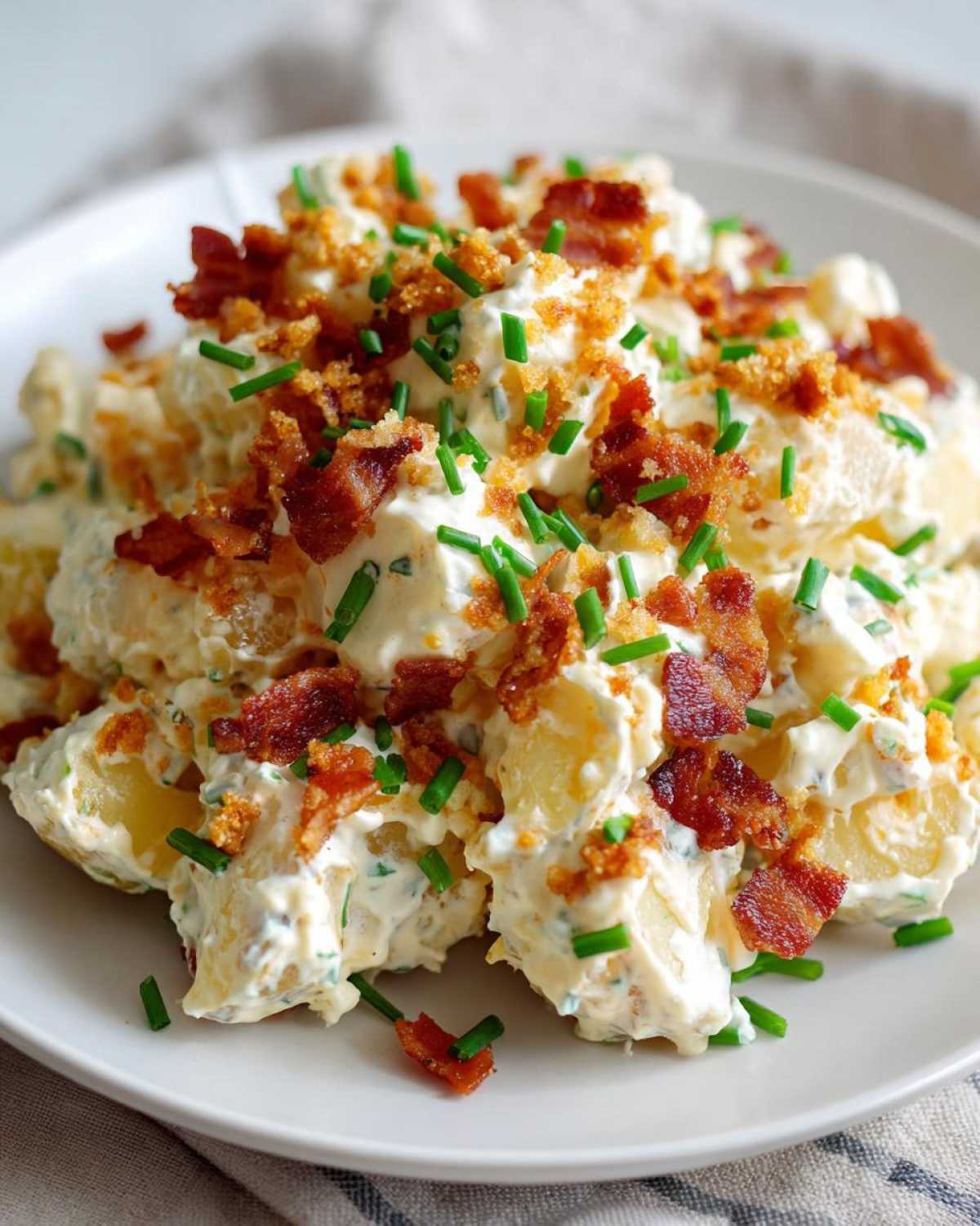 A close-up of creamy Loaded Baked Potato Salad topped generously with crispy bacon bits and fresh green chives.