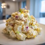 A generous mound of creamy potato salad with egg, featuring chunks of potato, red onion, and celery, served on a white plate.