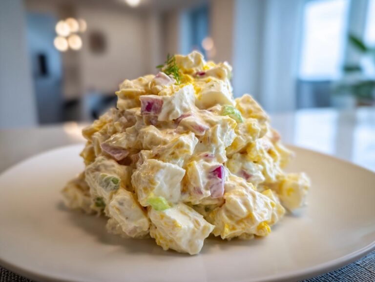 Amazing Creamy Potato Salad With Egg Secret A generous mound of creamy potato salad with egg, featuring chunks of potato, red onion, and celery, served on a white plate.